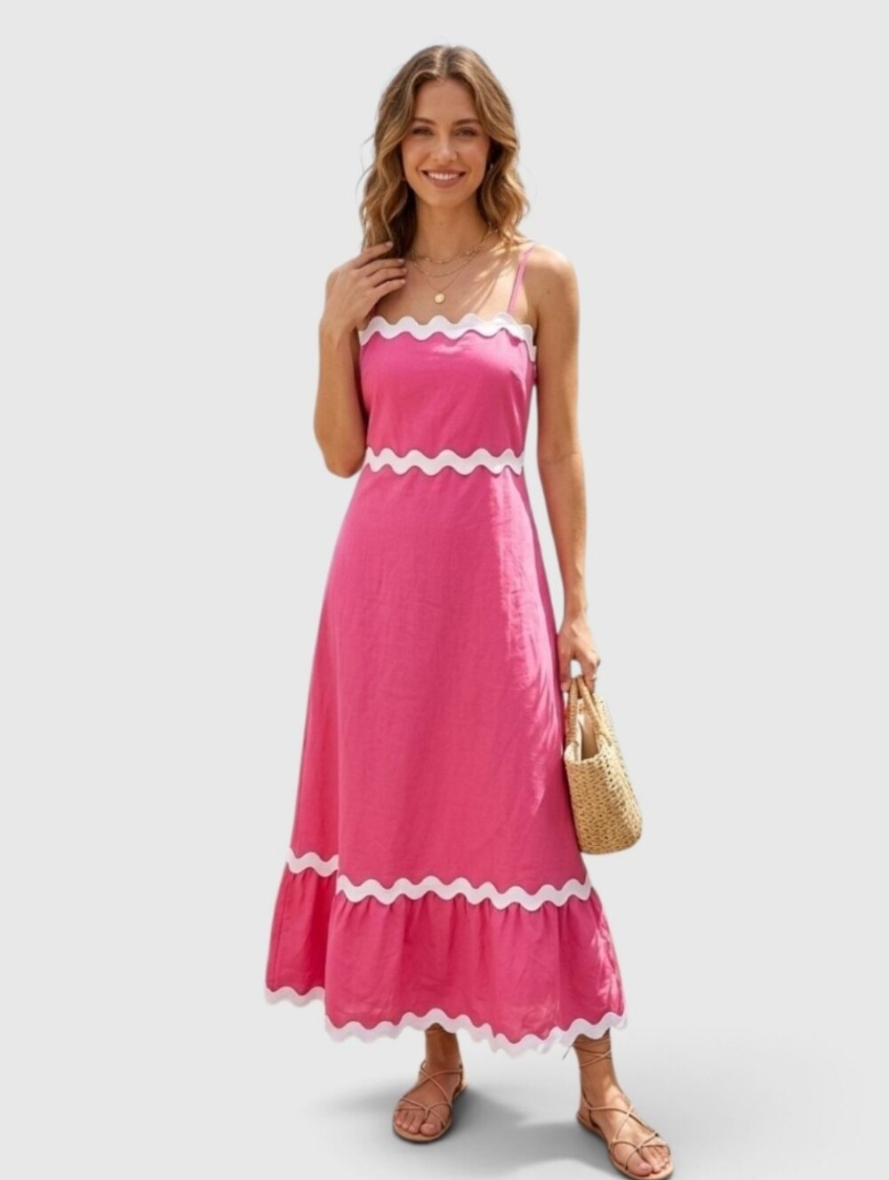 Pink White Ric Rac Scalloped Midi Dress Spaghetti Strap Smocked Boho Size XL